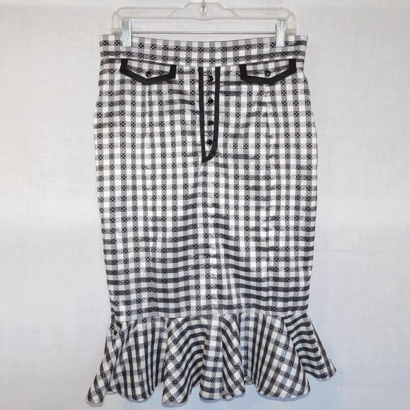 Living Dead Souls Womens XL Black White Gingham check Pencil Skirt Hem Ruffle - Picture 1 of 11